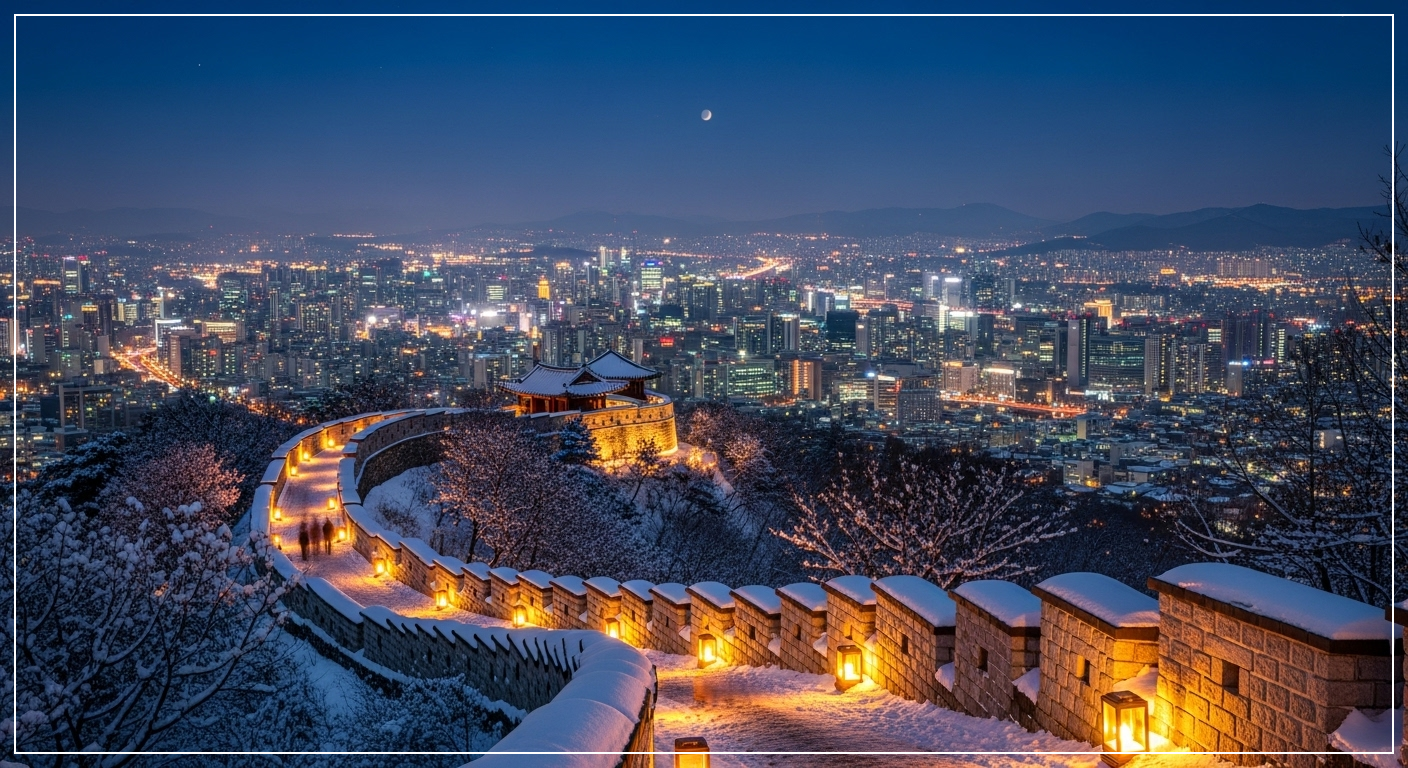 서울 성곽길 야경과 조명이 어우러진 겨울 산책 코스, 하늘 아래 도시 불빛이 내려다보이는 장면