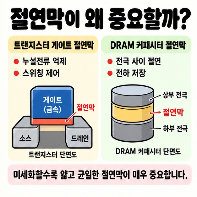 트랜지스터 게이트 절연막과 DRAM 커패시터 절연막의 역할을 구분해 보여주는 카드