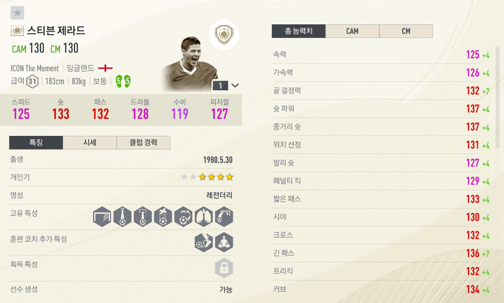 아이콘 더 모먼트 제라드 세부 능력치 모습