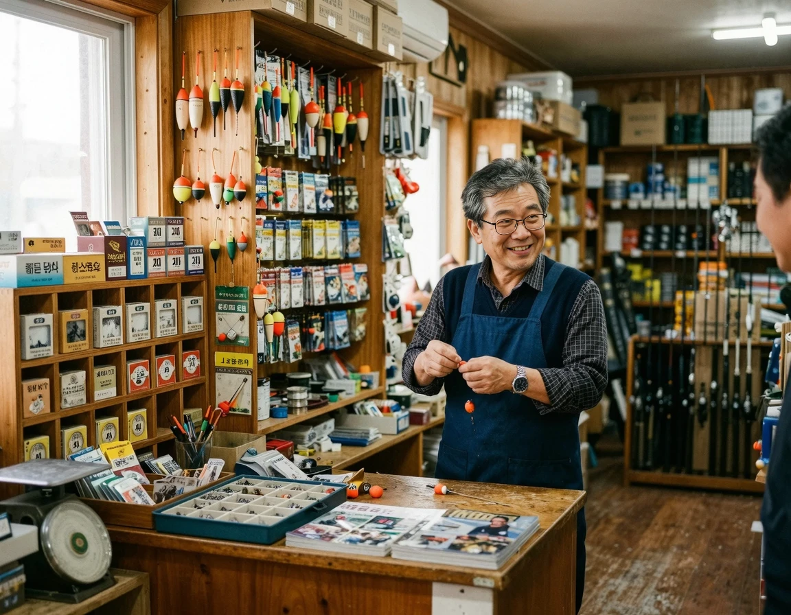 다양한 찌와 소품이 진열된 아늑한 동네 낚시방 내부