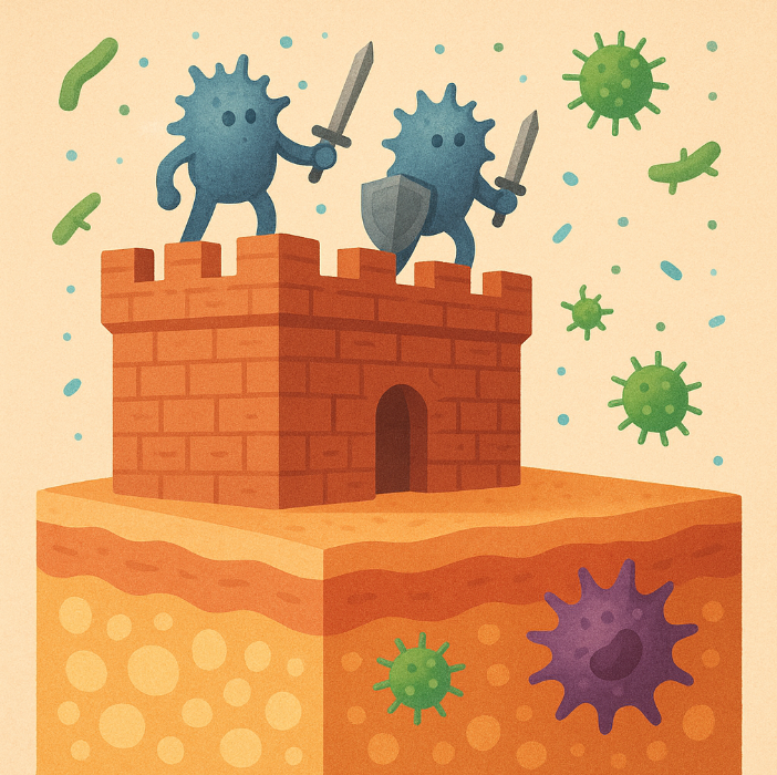 피부 장벽 위에 서서 병원균을 막는 유익균 전사 일러스트. 피부 면역 방어체계를 설명하는 2D 그래픽 이미지.