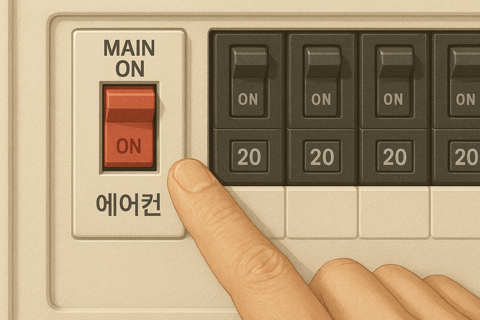 가정용 분전반에서 '에어컨' 차단기를 올리는 손가락