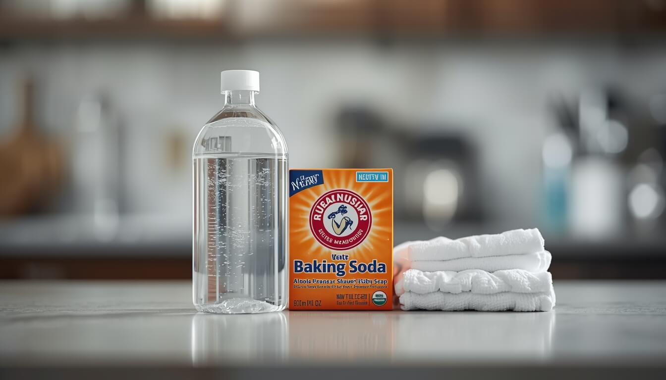 얼룩 제거를 위해 준비된 소독용 알코올, 베이킹소다, 주방세제