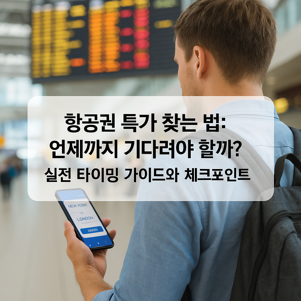 공항 대기 공간에서 스마트폰으로 뉴욕에서 런던행 항공권을 검색하는 배낭을 멘 남성 여행자의 모습과 항공권 타이밍 가이드 한글 텍스트 