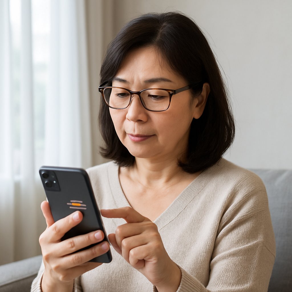 스마트폰 화면을 보는 중년 여성