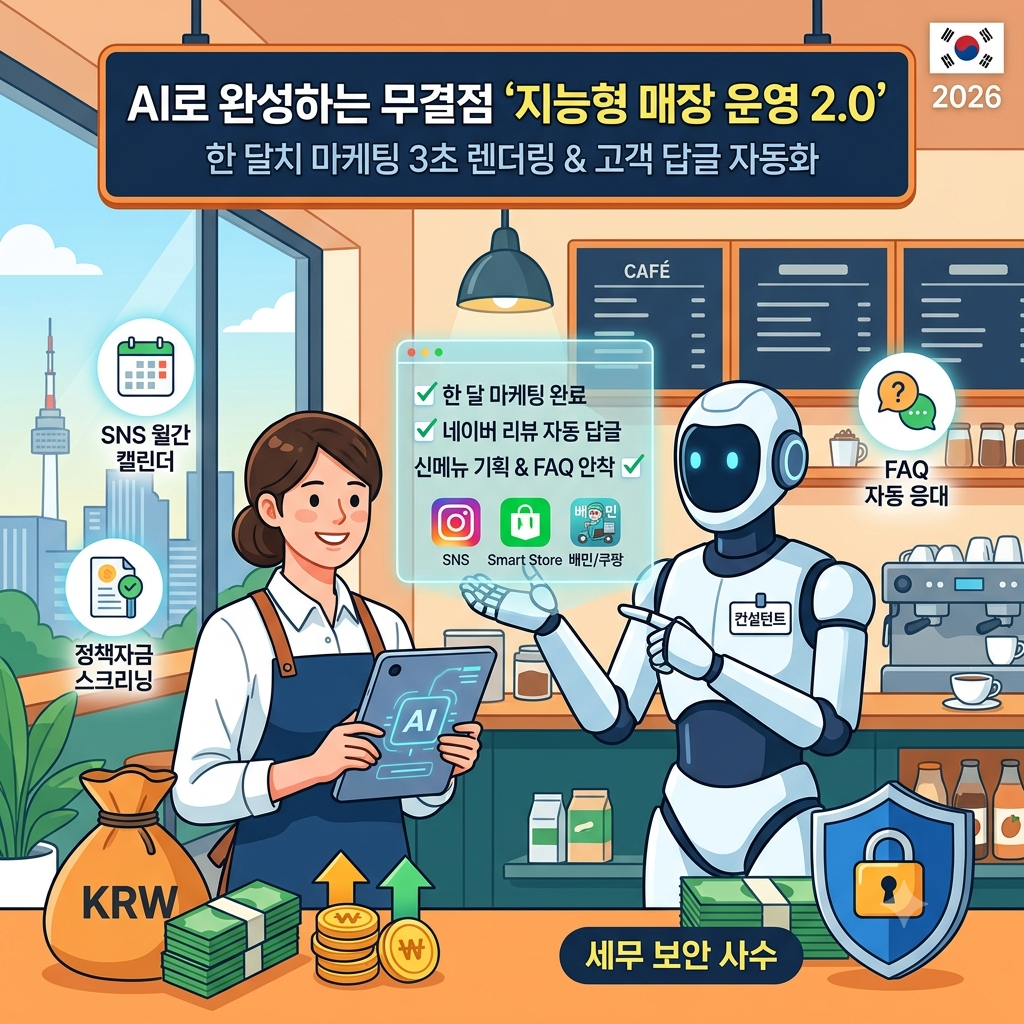 가게 사장님이 AI 컨설턴트 로봇과 함께 태블릿을 활용해 마케팅, 리뷰 답글, 신메뉴 기획, FAQ 자동 응대 등의 지능형 매장 운영 2.0 시스템을 안착시키는 모습을 담은 섬네일 이미지입니다.