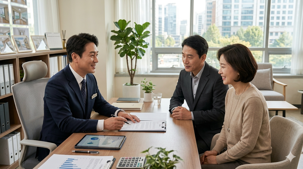 공인중개사와 의뢰인이 계약서를 함께 검토하는 장면