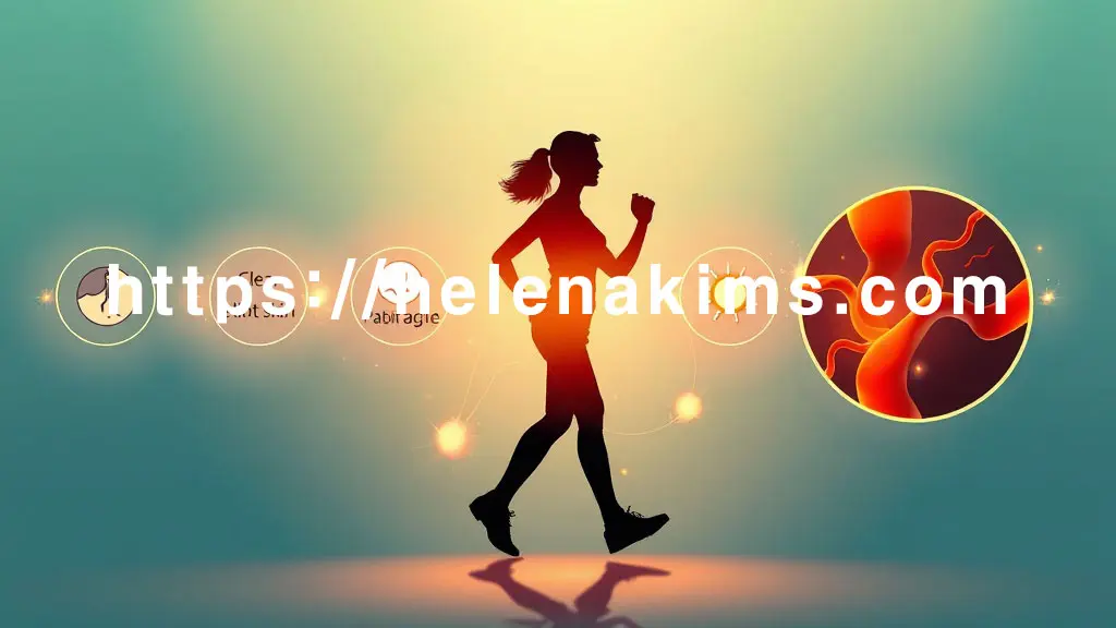 중앙에 힘찬 걸음으로 나아가는 활력 넘치는 여성, 그 주변에는 맑고 탄력 있는 피부, 튼튼한 혈관을 상징하는 아이콘들과 피로 해소를 의미하는 아이콘들이 있는 그래픽 이미지.