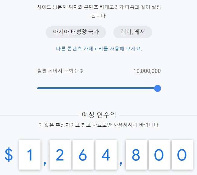 취미 및 레저 콘텐츠 구글 애드센스 예상 연 수익