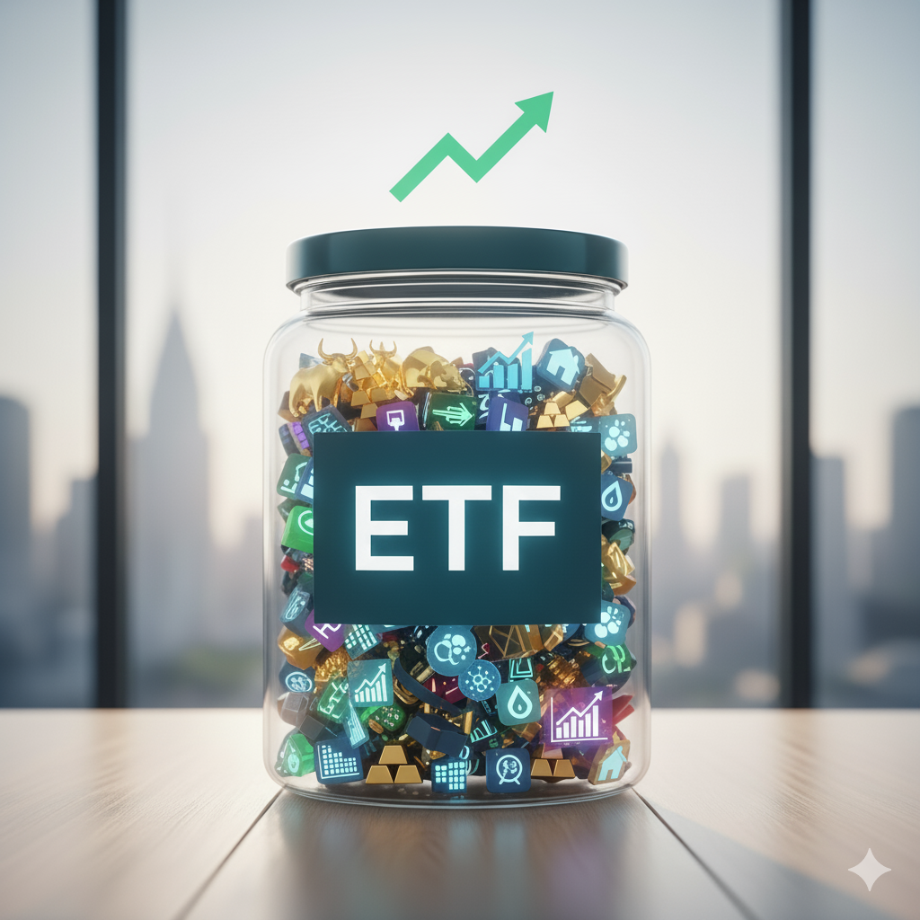 'ETF'라고 쓰인 하나의 큰 바구니 또는 통 안에 주식 차트, 금괴, 채권 문서, 건물 등 다양한 자산 아이콘이 분산되어 담겨 있는 모습. ETF의 분산 투자 특징을 상징적으로 보여주는 이미지.