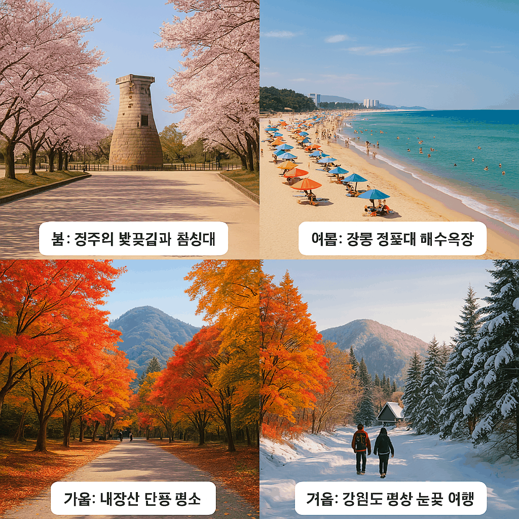 한국의 사계절을 대표하는 여행지인 경주의 벚꽃길, 강릉 경포대 해수욕장, 내장산 단풍, 평창 눈꽃 풍경을 담은 이미지