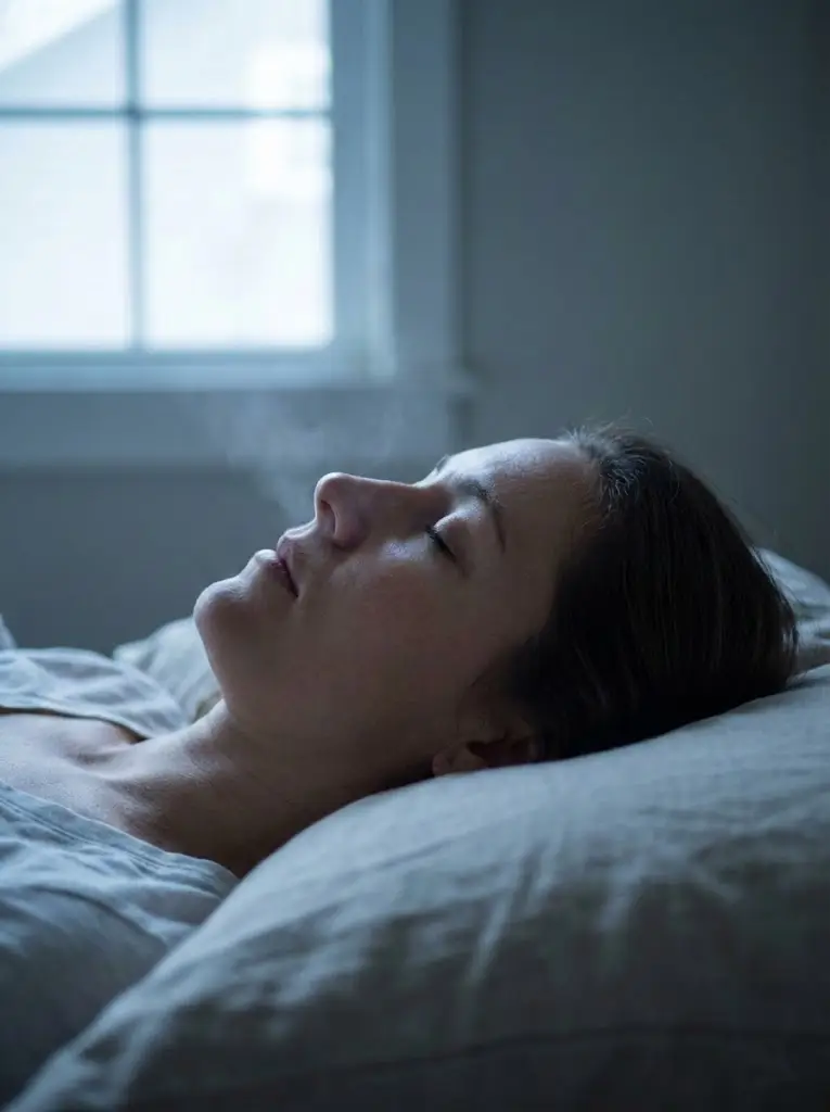 입을 다물고 편안하게 코로 숨 쉬며 잠든 여성의 평온한 옆모습