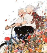 시부모님이-자전거타고-웃으며-꽃길을-내려오는-모습-일러스트