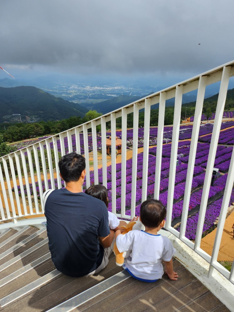 풍경을 바라보는 아빠와 아이들