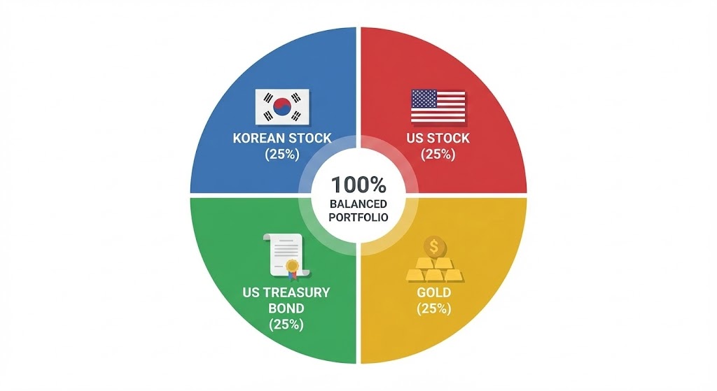 원형 그래프가 4등분(각 25%)되어 있고, 한국주식/미국주식/미국국채/금 아이콘이 그려진 포트폴리오 인포그래픽