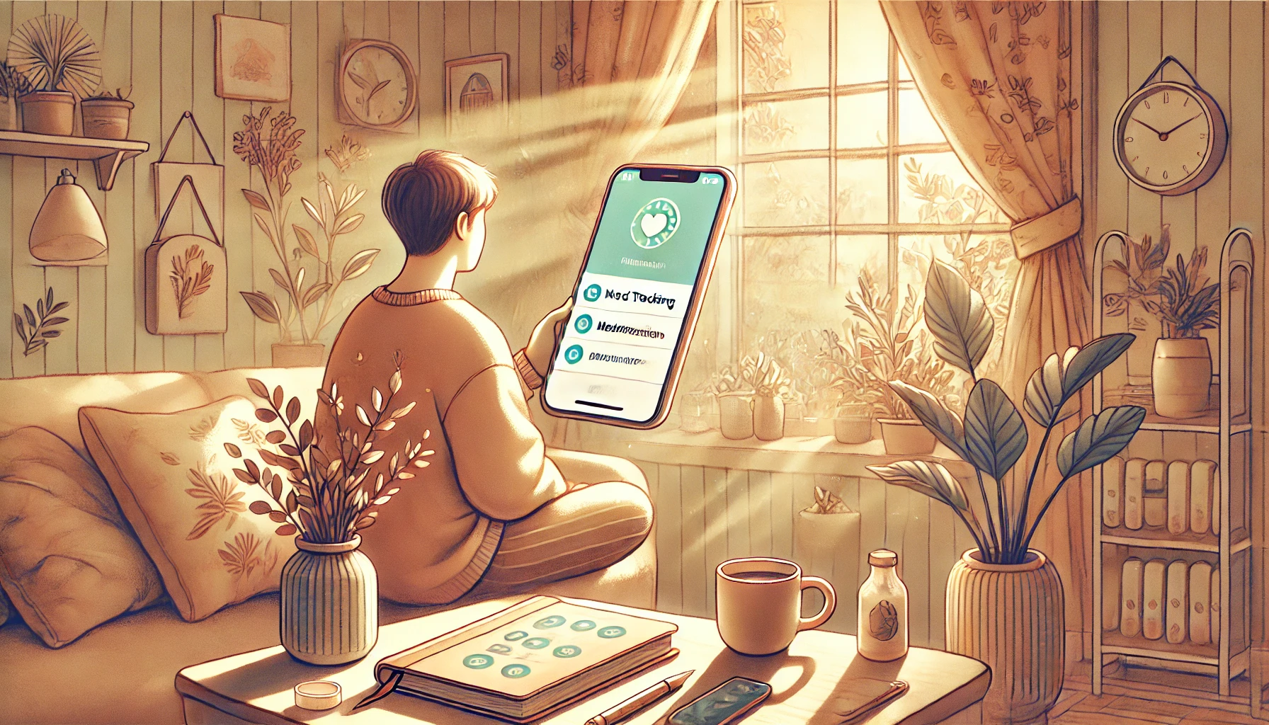 명상앱을 활용하여 마음수련 중인 남자의 모습_image generated by DALL-E