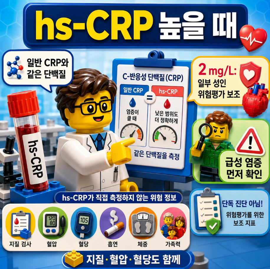 고감도 CRP(hs-CRP)와 일반 CRP의 차이, 2 mg/L 위험평가 보조 기준, 급성 염증 확인 및 지질·혈압·혈당 등 함께 확인해야 할 심혈관 위험요소를 레고 스타일 의료 인포그래픽으로 표현한 이미지