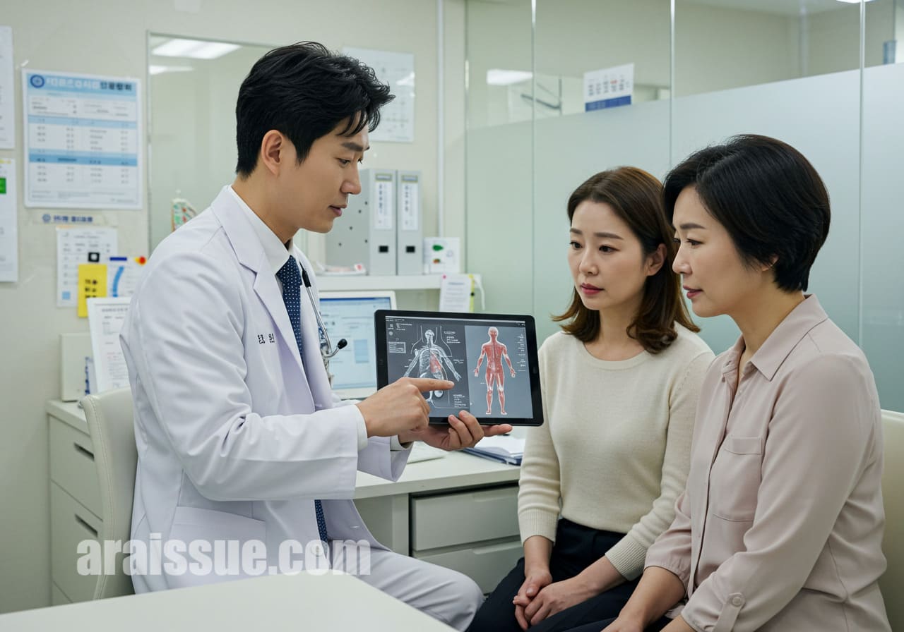 한국인 의사가 여성에게 암 예방과 식습관의 연관성을 디지털 태블릿으로 설명하고 있습니다. 병원 진료실 배경에서 과학적 설명이 이루어지는 장면입니다.