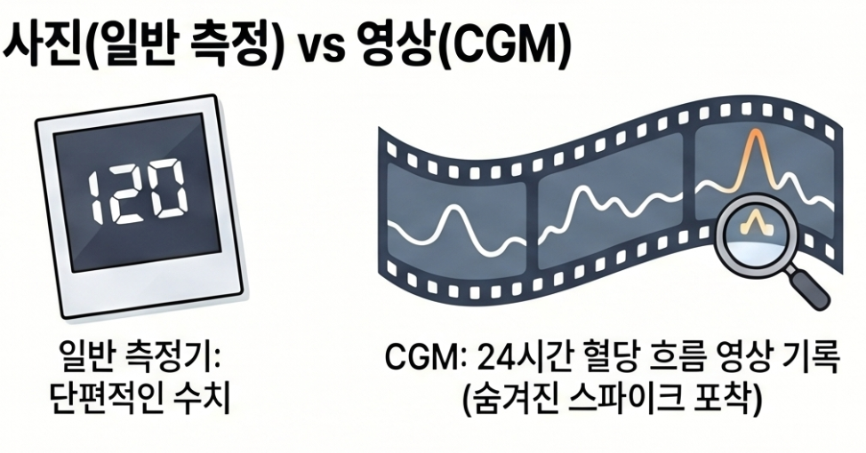 일반 혈당기와 스마트폰과 연동된 연속 혈당 측정기를 직관적으로 비교하는 일러스트