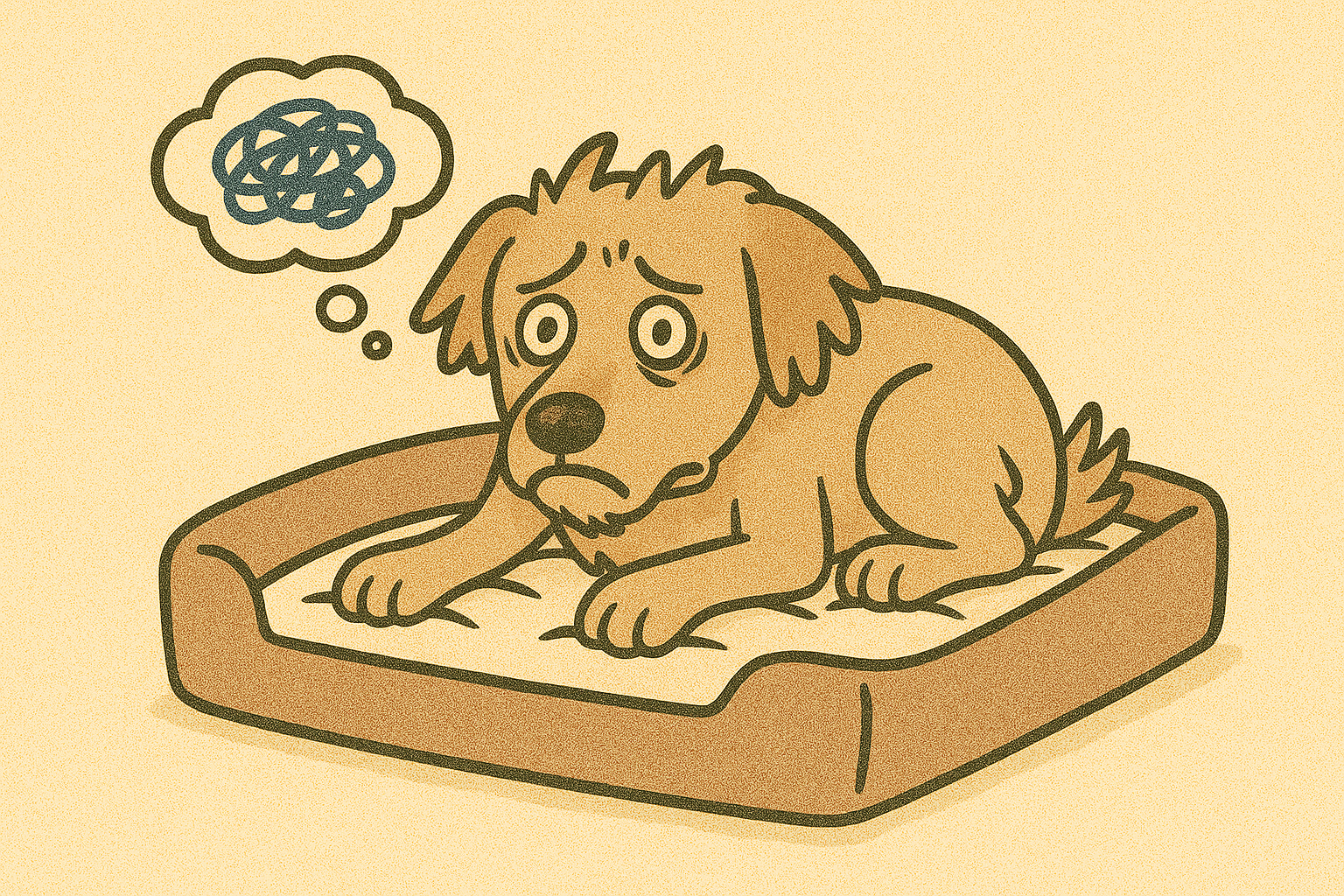 강아지가 불면증으로 힘들어하는 이미지이며 방석 위에 엎드려서 눈이 퀭한 상태로 쉬고 있음