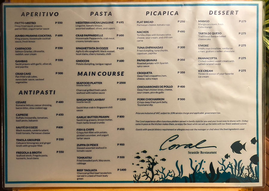 세부 제이파크 코랄 레스토랑 메뉴판