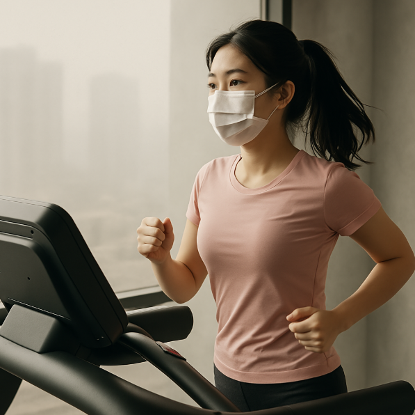 미세먼지 나쁨으로 인해 실내 러닝머신으로 운동하는 모습