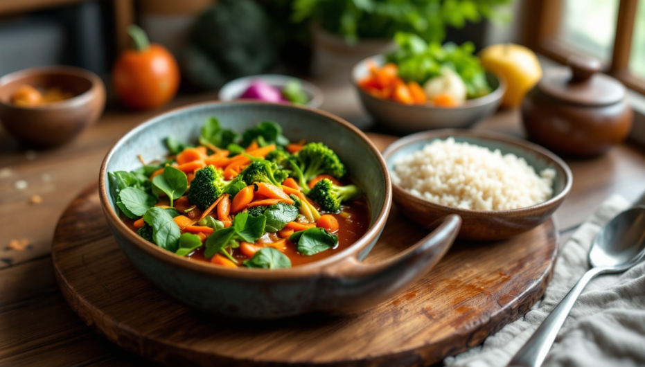 따뜻한 국과 여러 가지 채소가 풍부한 한식 균형 잡힌 식단