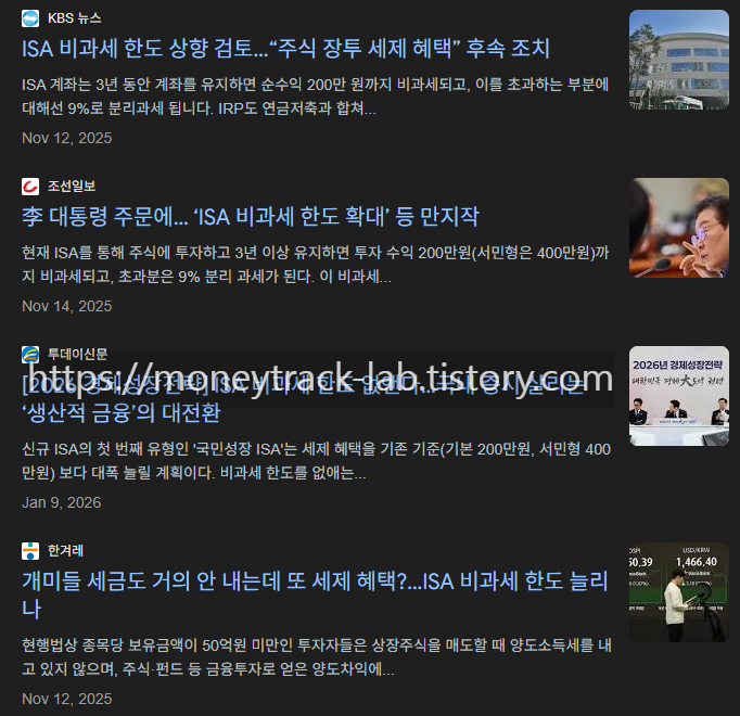 구글 뉴스 검색창, ISA 비과세 한도 검색 결과, 아직은 변하지 않았다.