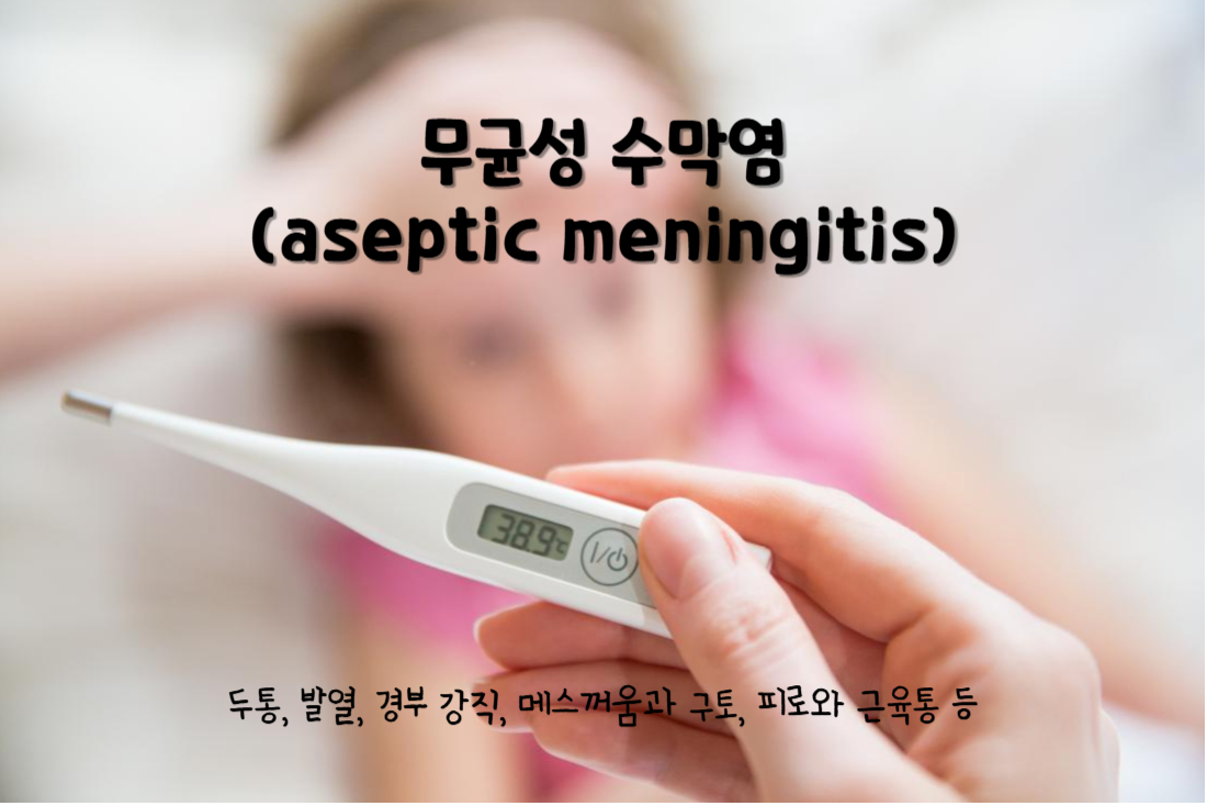 무균성 수막염(aseptic meningitis)
무균성 수막염 증상 : 두통, 발열, 경부 강직, 메스꺼움과 구토, 피로와 근육통 등