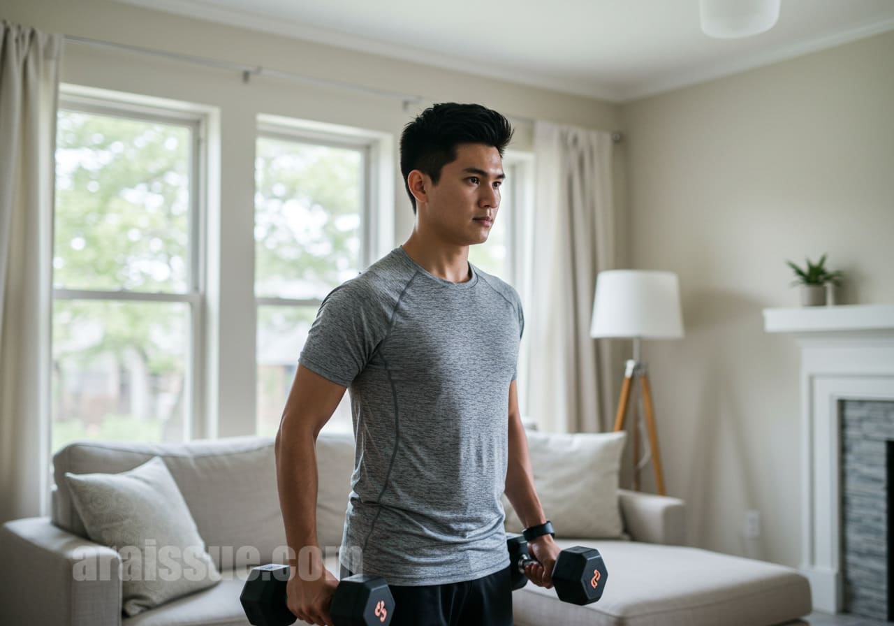 마른 체형의 남성이 거실에서 덤벨을 이용해 어깨 운동을 하는 모습, 측면 삼각근을 집중적으로 자극하는 장면.