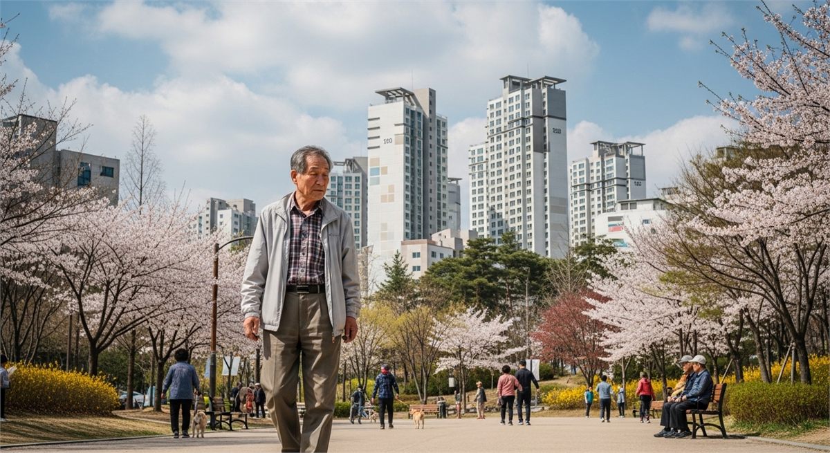 연금 수령 시기를 고민하며 공원을 걷는 한국 시니어 남성 