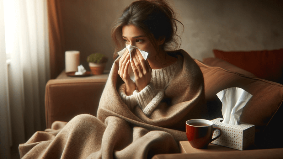 독감으로 고통받는 여성이 휴지로 코를 풀고있다