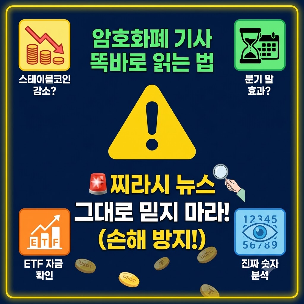 암호화폐 기사 똑바로 읽는 법: 찌라시 뉴스 그대로 믿지 말고 스테이블코인 감소, 분기 말 효과, ETF 자금 흐름, 진짜 숫자 분석을 통해 손해를 방지하자.