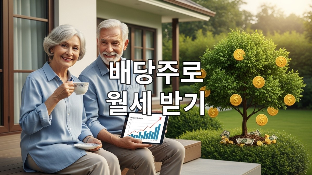 은퇴 후 편안하게 쉬는 노부부가 배당주로 얻은 안정적인 수입을 확인하며 미소 짓는 모습, 재정적 안정을 상징합니다.
