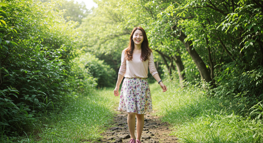 제주 자연 속에서 자유롭게 여행을 즐기는 한국인 여성