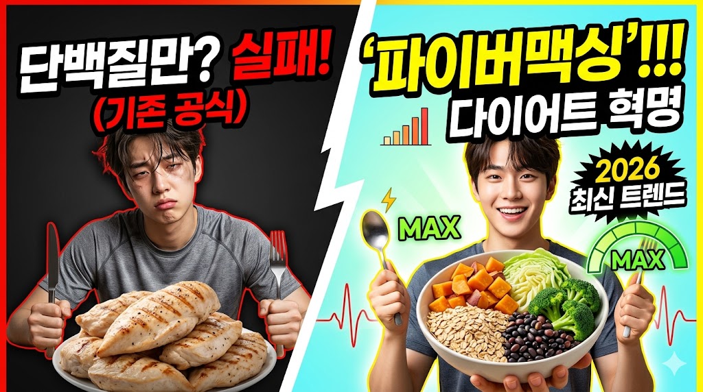 2026년 다이어트 최신 트렌드인 '파이버맥싱'을 소개하는 썸네일. 기존의 단백질 위주 식단이 실패함을 보여주는 지친 남성과, 식이섬유가 풍부한 식단으로 건강하게 웃고 있는 남성을 대조적으로 표현함