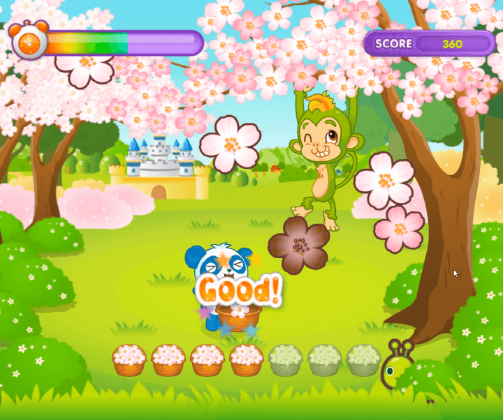 꽃바구니-만들기-중급-쥬니어네이버-동물농장-플래시게임-플레이2-바구니에-꽃을-담아서-점수를-획득하는-화면