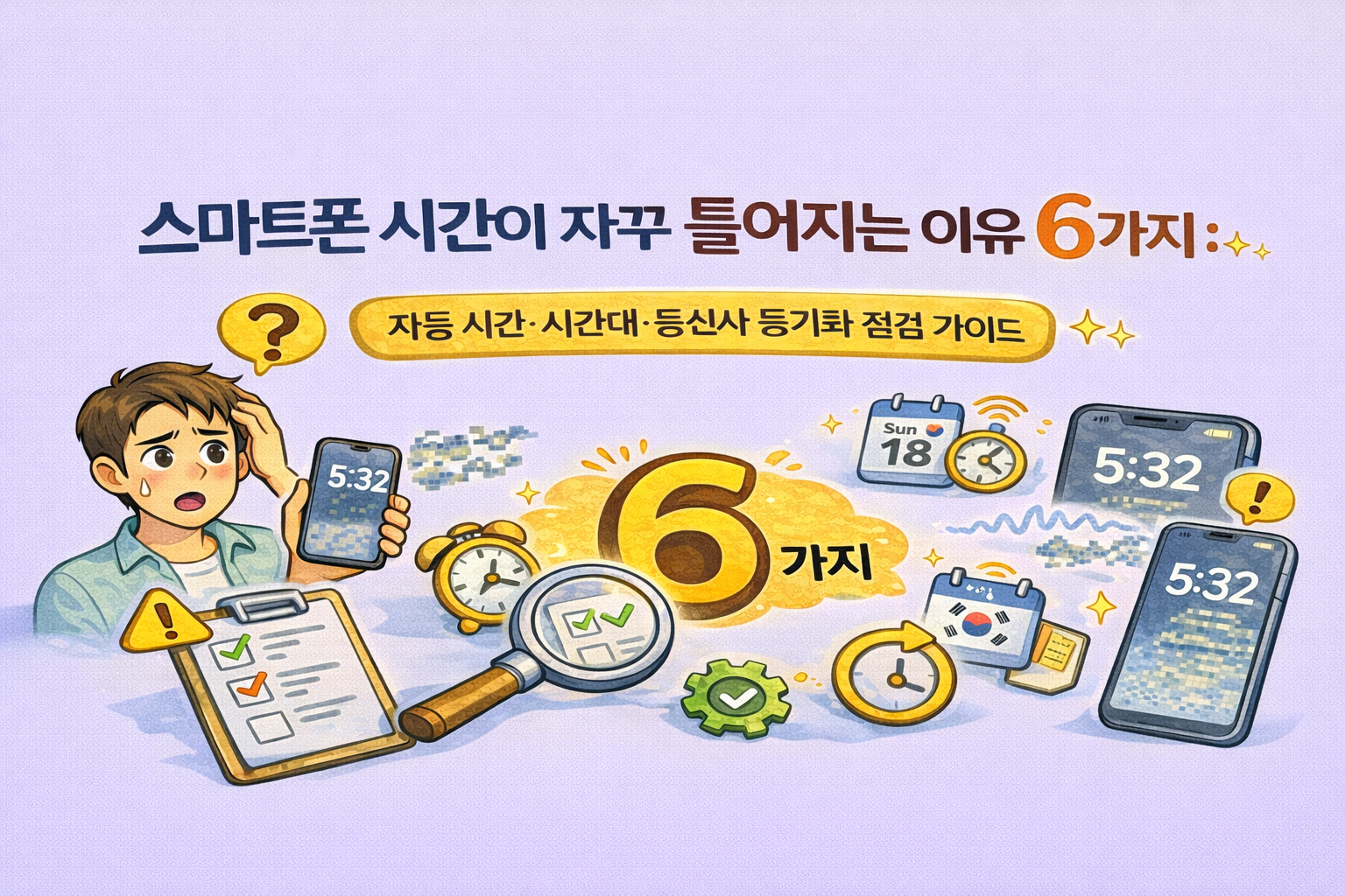스마트폰 시간이 자꾸 틀어지는 이유 6가지와 자동 시간, 시간대, 통신사 동기화 설정을 점검하는 가이드 썸네일 이미지