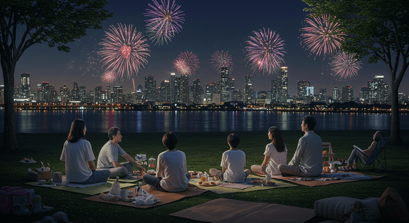 한강공원에서 가족이 돗자리를 펴고 불꽃놀이를 감상하는 모습 2