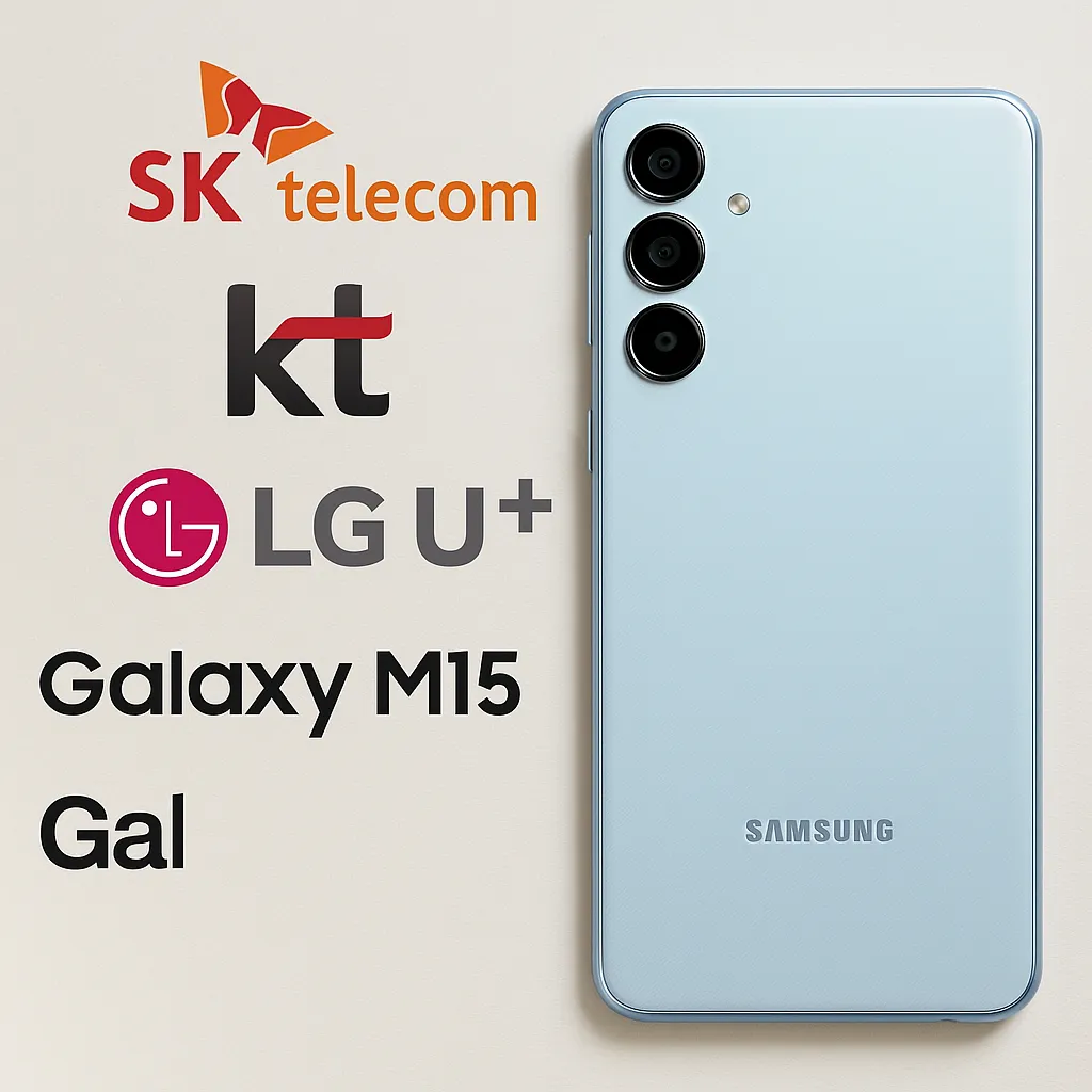 SKT&amp;#44; KT&amp;#44; LGU+ 통신사 로고와 함께 배치된 갤럭시 M15 실물 기기