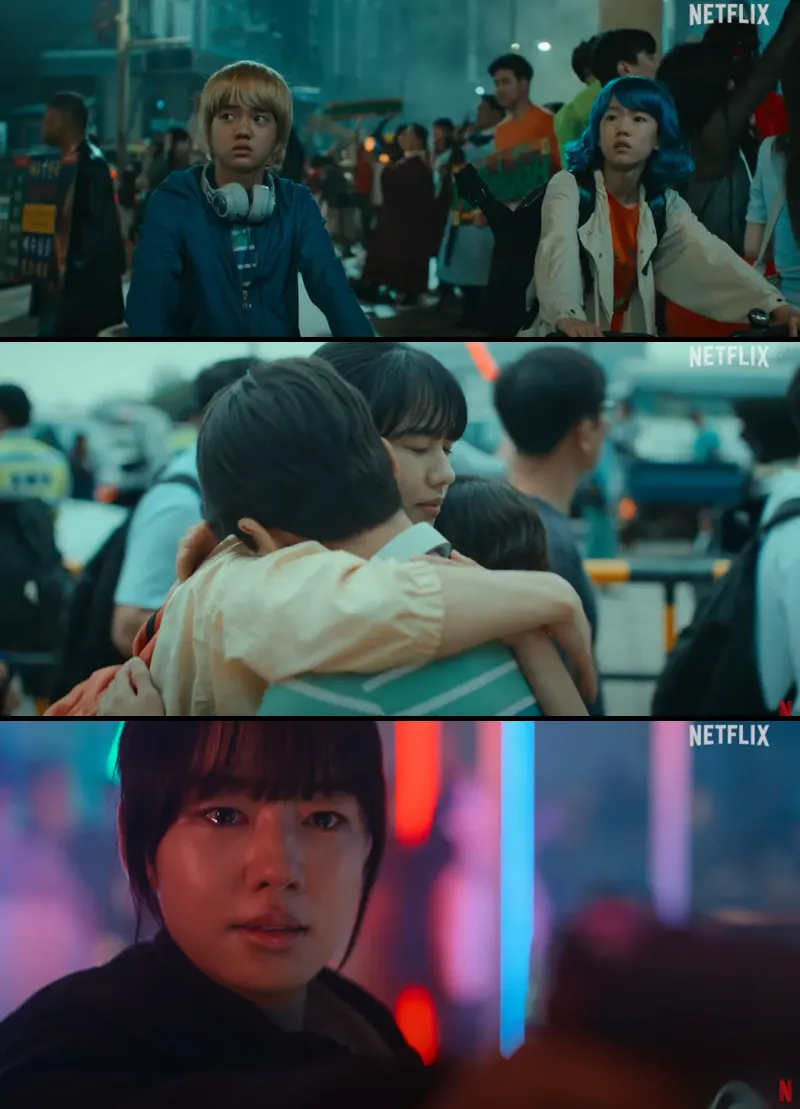 시위하는 사람과 안은진&#44; 그녀의 제자들을 담은 종말의 바보 주요 장면들