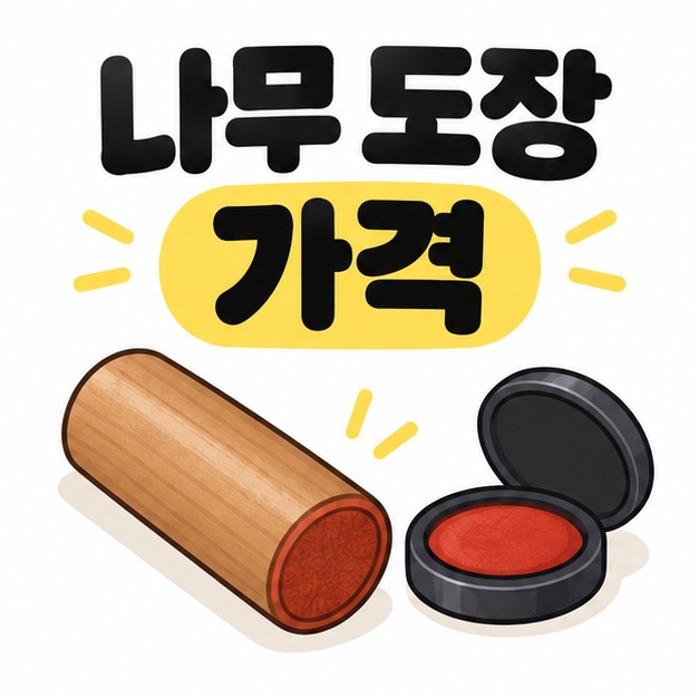나무 도장 가격이라는 제목 아래 원통형 목도장과 뚜껑을 연 붉은 인주가 놓인 대표 그림