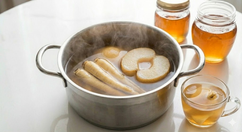 배의 루테올린과 도라지의 사포닌이 만나 기침을 멈추게 하고 목 통증을 완화하는 천연 기관지 보약 도라지 배숙의 영양 시너지 효과