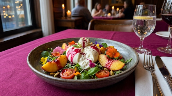 pink peach burrata cheese salad