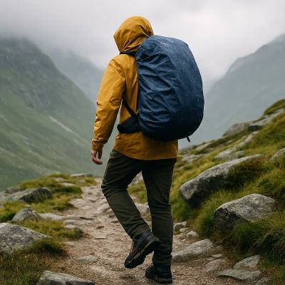 안개 낀 산길을 방수 재킷과 등산 장비를 갖춘 하이커가 걷는 모습