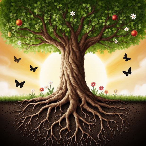 나무의 뿌리와 가지를 통한 치유 과정을, 나무에 열린 열매로 성장과 치유를 상징하는 나무 그림