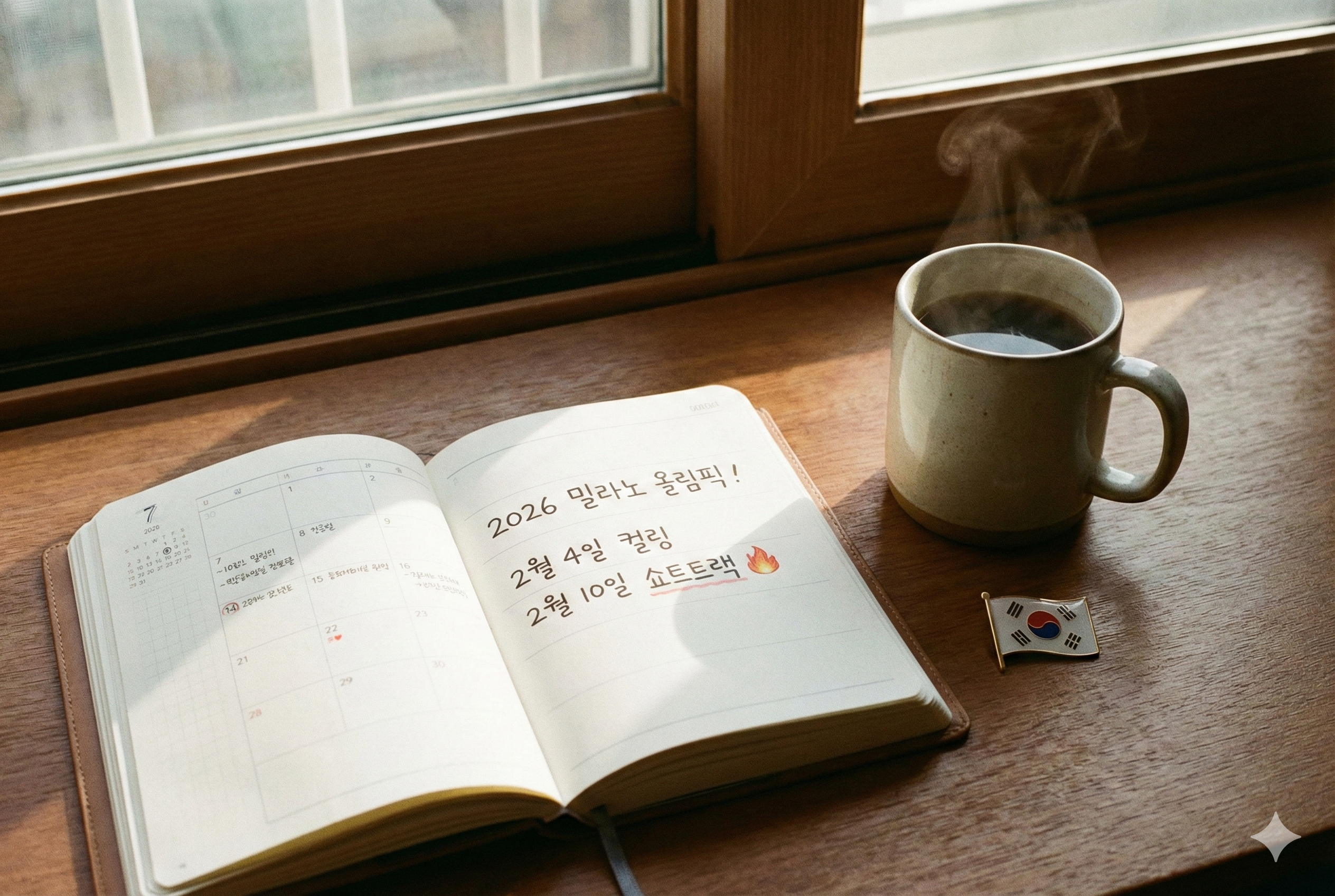 따뜻한 햇살이 드는 창가 테이블 위 다이어리에 '2026 밀라노 올림픽!', '2월 4일 컬링', '2월 10일 쇼트트랙' 주요 일정이 손글씨로 적혀 있는 감성 사진 (태극기 배지, 커피잔 포함)