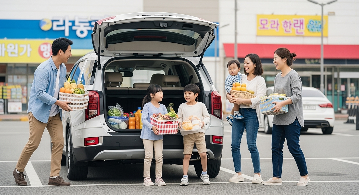 한국인 가족이 넓은 중고 패밀리카 트렁크에 짐을 싣는 실용적인 모습
