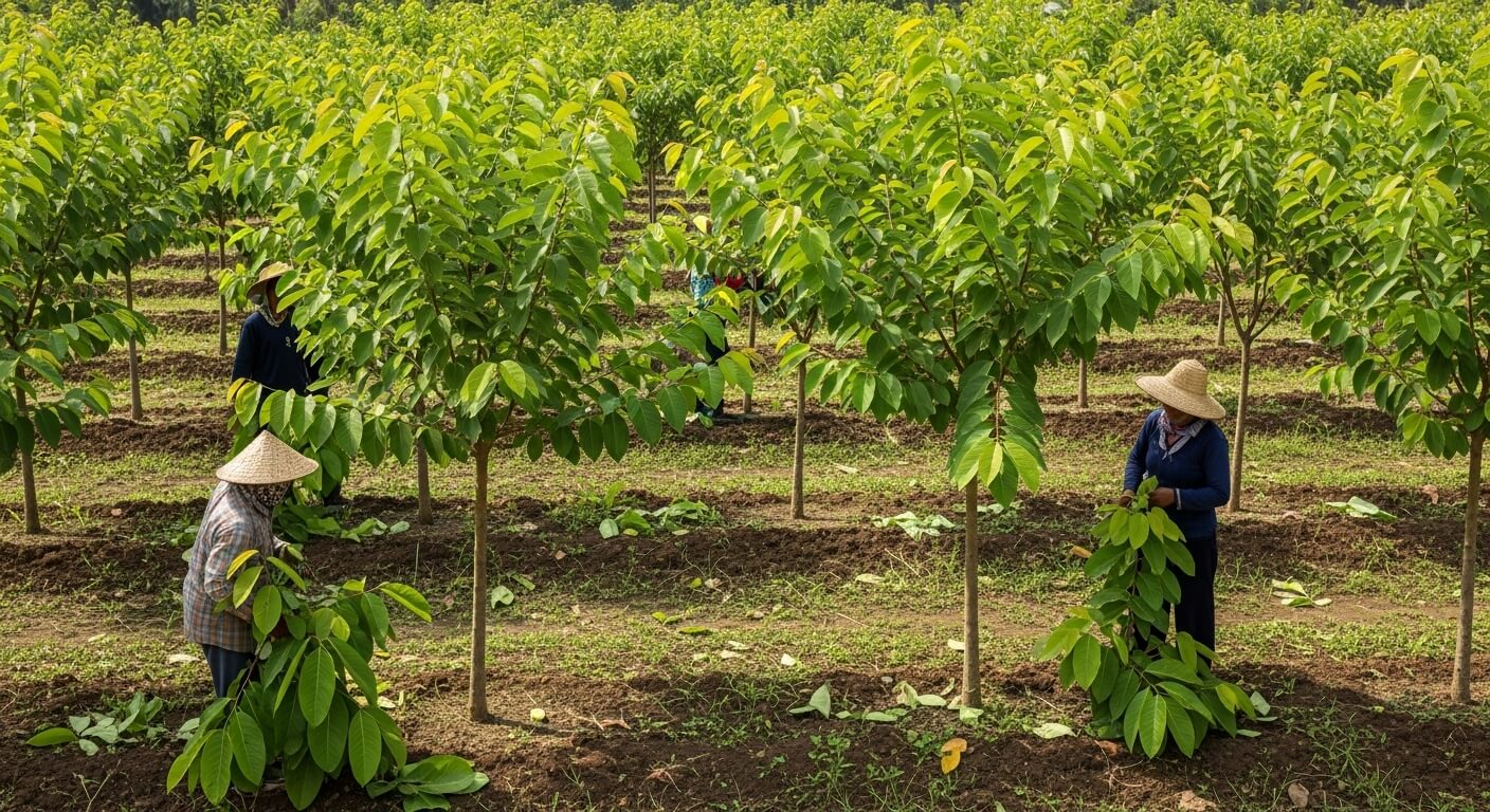 바나바 잎을 재배하는 농가에서 농부들이 나무 아래에서 신선한 바나바 잎을 수확하는 모습.