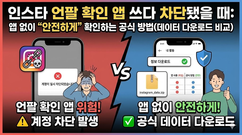 인스타 언팔 확인 앱 쓰다 차단됐을 때: 앱 없이 &ldquo;안전하게&rdquo; 확인하는 공식 방법(데이터 다운로드 비교)